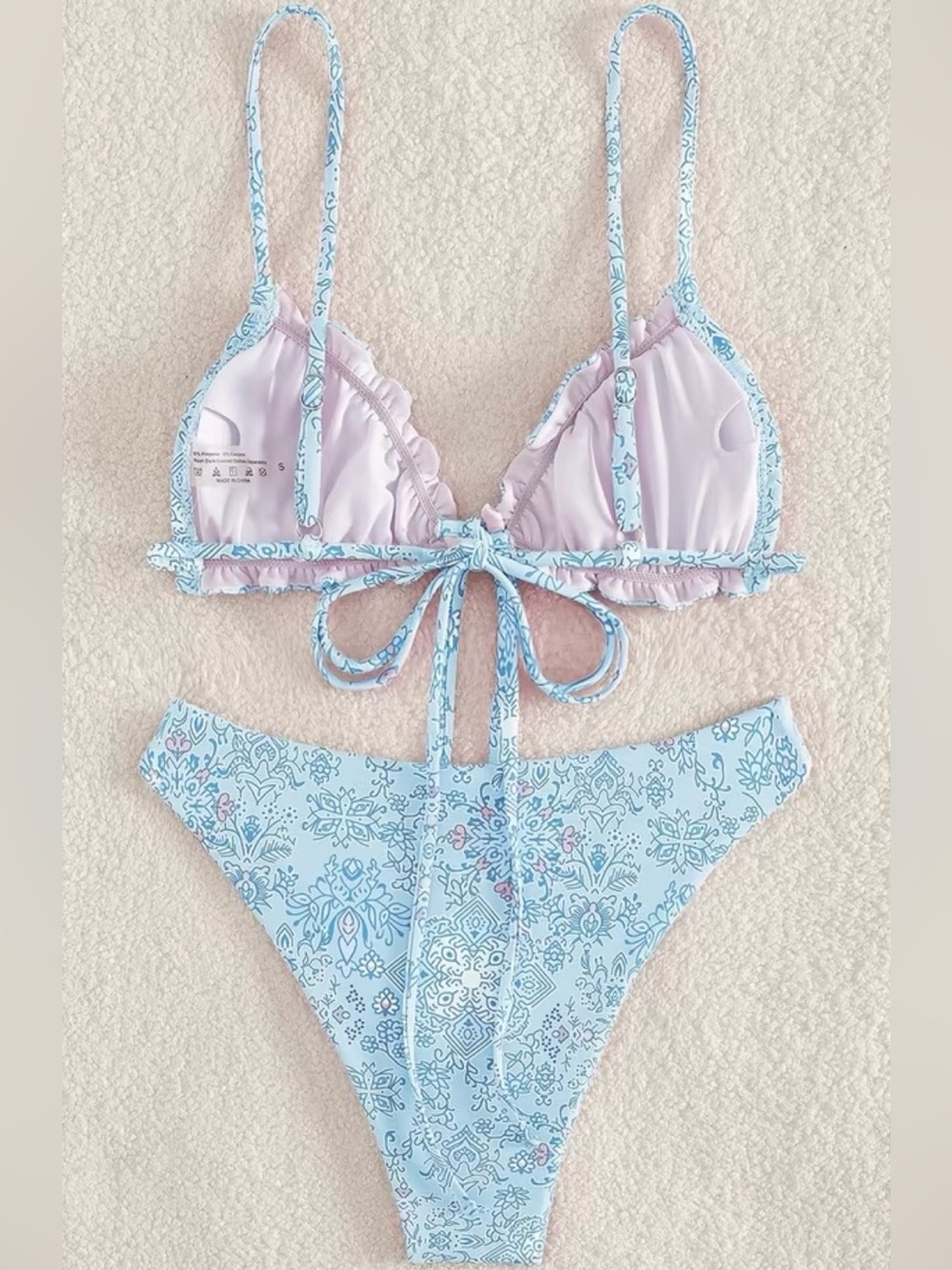 Light Blue Paisley Tie Front Triangle Bikini Set - Picture 2 of 7